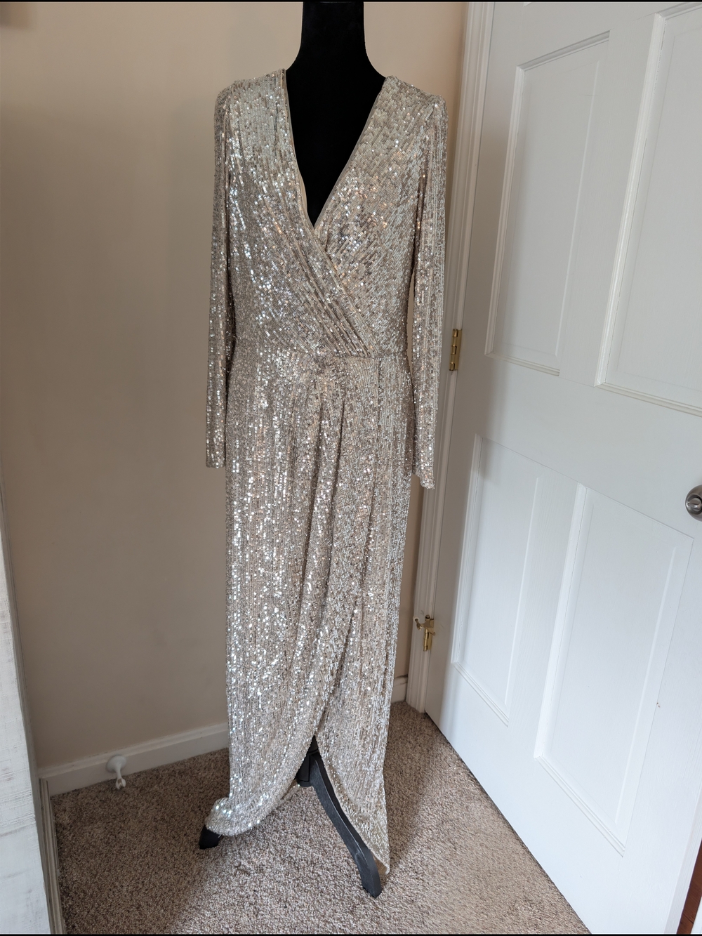 XSCAPE Champagne Sequin Long Sleeve Wrap Gown Size 12